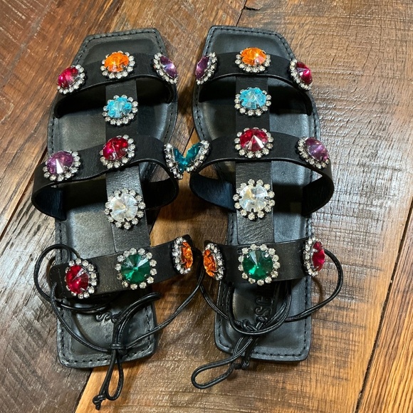 Schutz Amaris Gladiator Jeweled Sandals Black Leather Women’s Size 8.5 - Picture 7 of 11